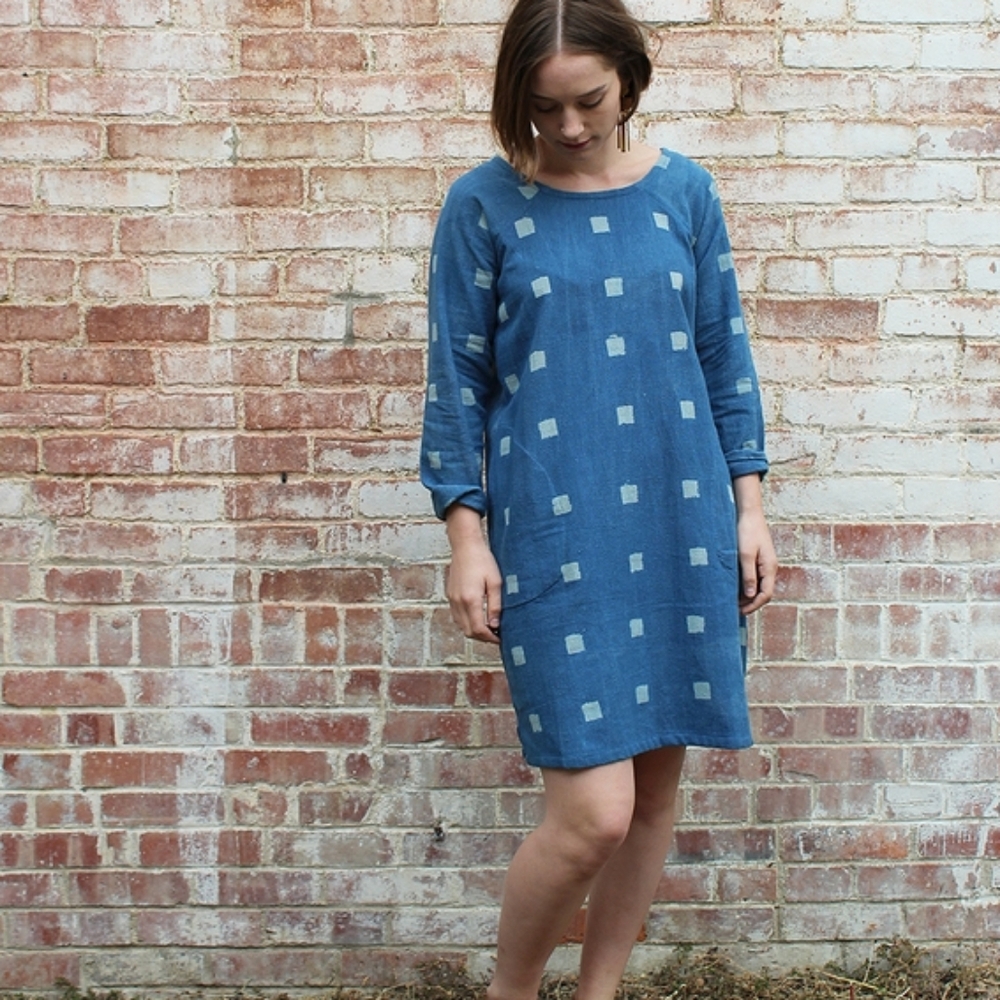 PO-EM Indigo Blue Cross Print Cotton Pullover Dress L